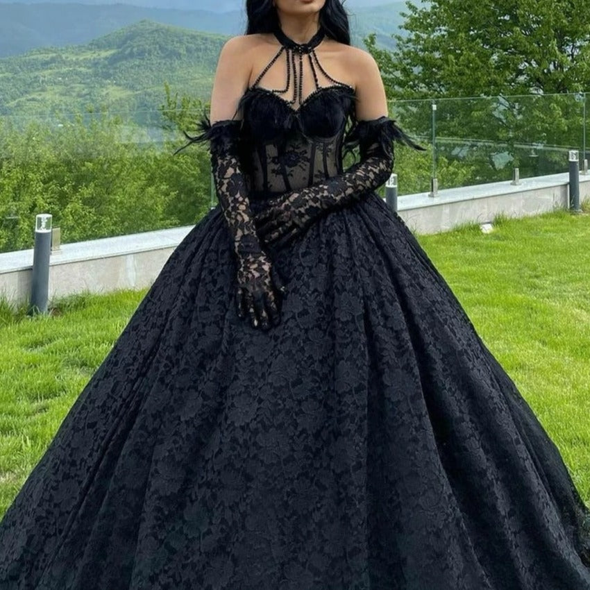 Goth Black Dotted Halter Ball Lace Feather Beading Wedding Gown Classic Wedding Dresses BlissGown 