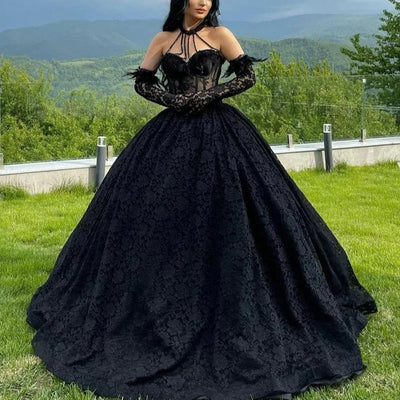 Goth Black Dotted Halter Ball Lace Feather Beading Wedding Gown Classic Wedding Dresses BlissGown 