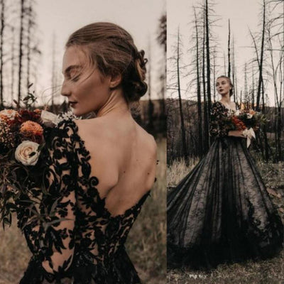 Gothic Black Vintage Illusion Backless Wedding Dress Luxury Wedding Dresses BlissGown 