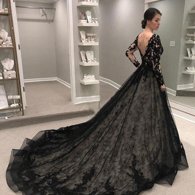 Gothic Black Vintage Illusion Backless Wedding Dress Luxury Wedding Dresses BlissGown Black 22W 