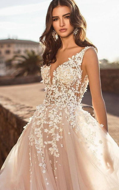 Graceful V Neck Backless 3D Floral Appliqued Lace Beach Wedding Dress Beach Wedding Dresses BlissGown 