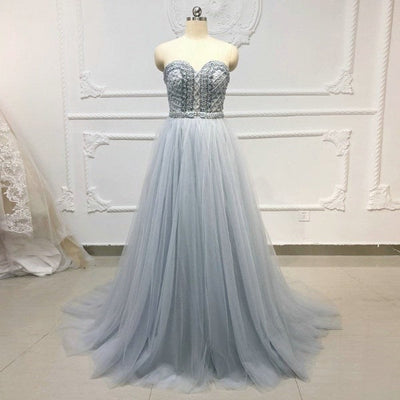 Gray Blue Beaded Crystal Rhinestone Champagne Tulle Evening Dress Evening & Formal Dresses BlissGown 