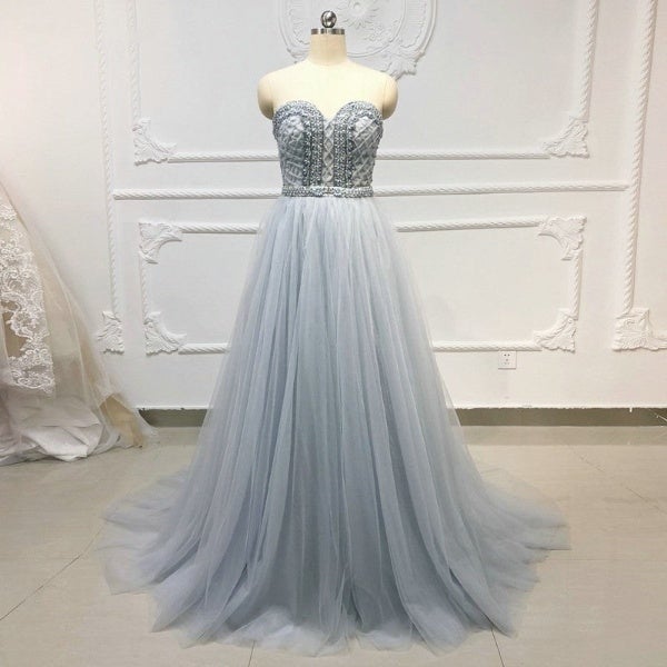 Gray Blue Beaded Crystal Rhinestone Champagne Tulle Evening Dress