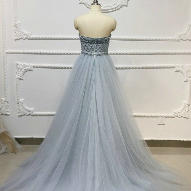 Gray Blue Beaded Crystal Rhinestone Champagne Tulle Evening Dress Evening & Formal Dresses BlissGown 