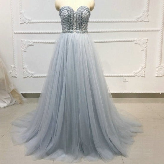 Gray Blue Beaded Crystal Rhinestone Champagne Tulle Evening Dress Evening & Formal Dresses BlissGown Blue Custom Size 