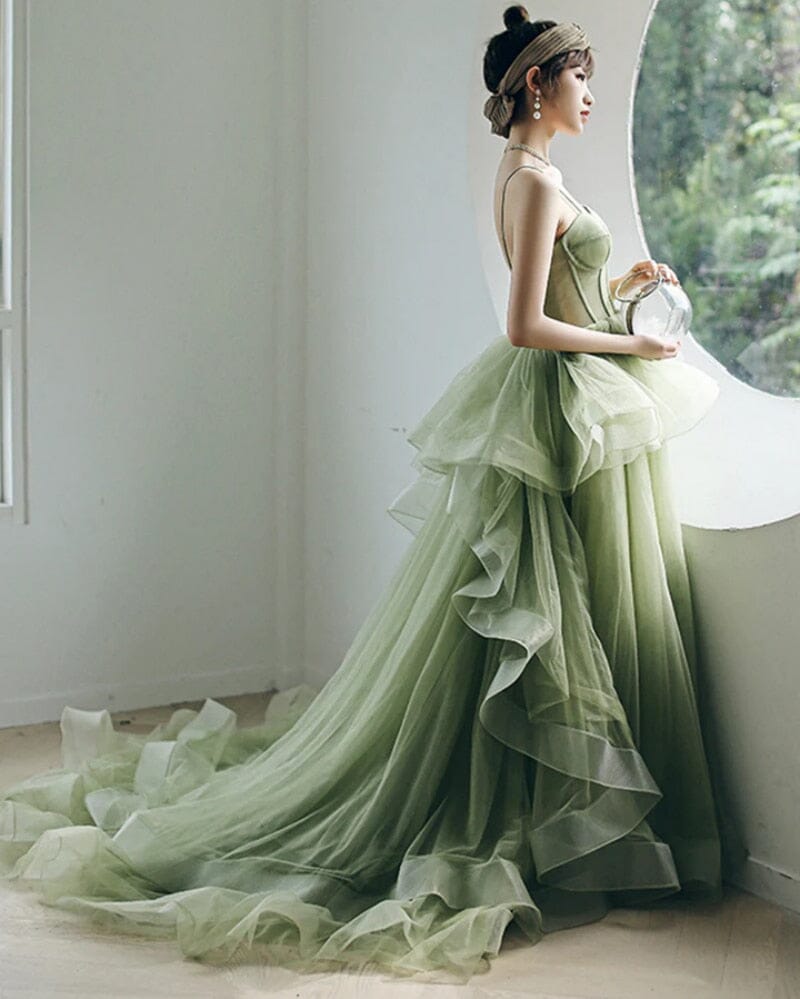 Green Sweep Train Lace Strapless Ball Gown Prom Dress Ball Gown Prom Dresses BlissGown 