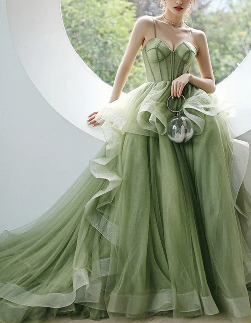 Green Sweep Train Lace Strapless Ball Gown Prom Dress Ball Gown Prom Dresses BlissGown 