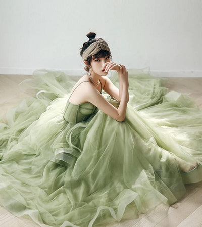 Green Sweep Train Lace Strapless Ball Gown Prom Dress Ball Gown Prom Dresses BlissGown As Picture 2 
