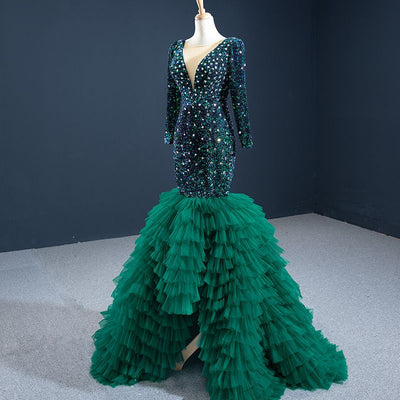 Green V-Neck Metal Sequins Frill Banquet Tiered Fishtail Evening Dress Evening & Formal Dresses BlissGown 