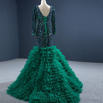 Green V-Neck Metal Sequins Frill Banquet Tiered Fishtail Evening Dress Evening & Formal Dresses BlissGown 