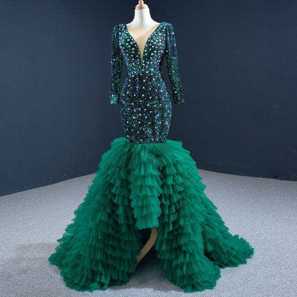 Green V-Neck Metal Sequins Frill Banquet Tiered Fishtail Evening Dress