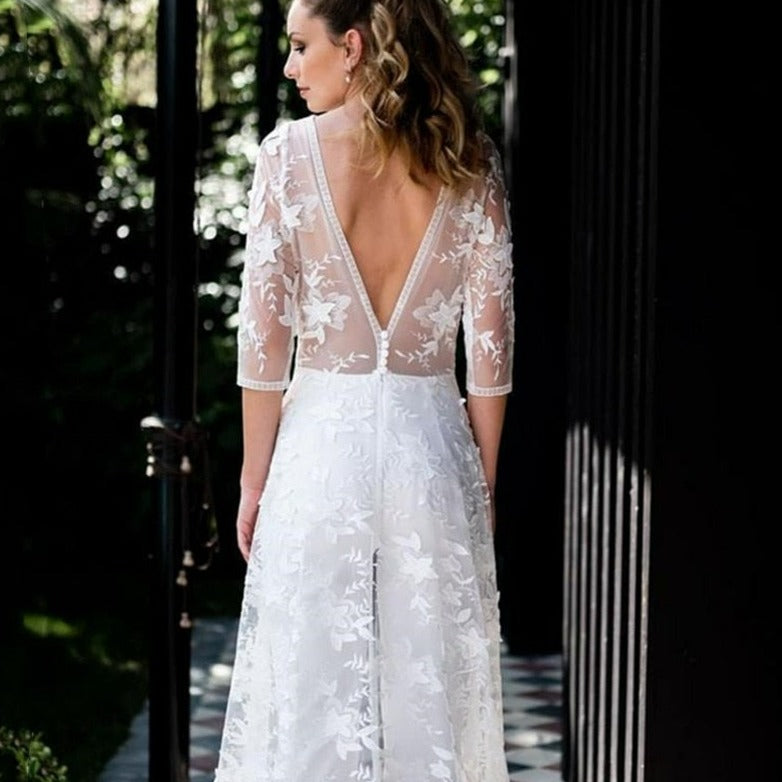 Half Sleeves Backless Lace Appliques Bridal Jumpsuits Beach Wedding Dresses BlissGown 