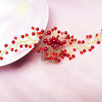 Handmade Flowers Beads Pearl Hair Clip Wedding Accessories Wedding Accessories BlissGown Red 