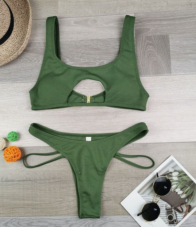 High Cut Micro Stylish Beach Outfits 2 Pieces Accessories BlissGown Army Green S 