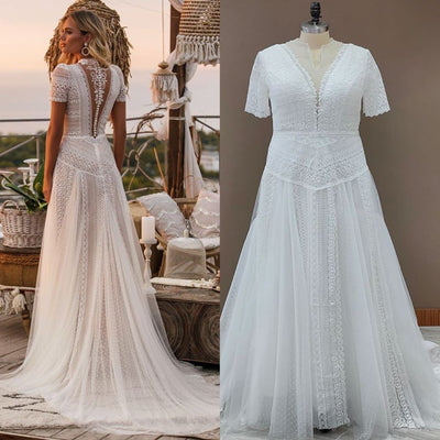 High Neck Lace Sheer Back Short Sleeve Plus Size Bohemian Wedding Dress Boho Wedding Dresses BlissGown 