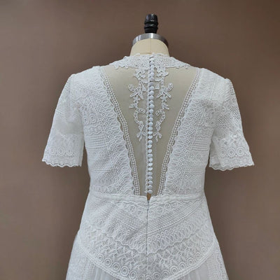 High Neck Lace Sheer Back Short Sleeve Plus Size Bohemian Wedding Dress Classic Wedding Dresses BlissGown 