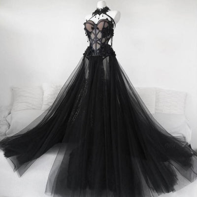 High-neck line Gothic Black Long Bridal Gowns Vintage Wedding Dresses BlissGown 