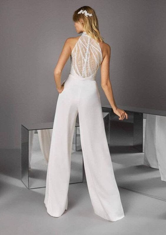 High Neck Sexy Illusion Sequins with Pants Jumpsuit Wedding Dress ...