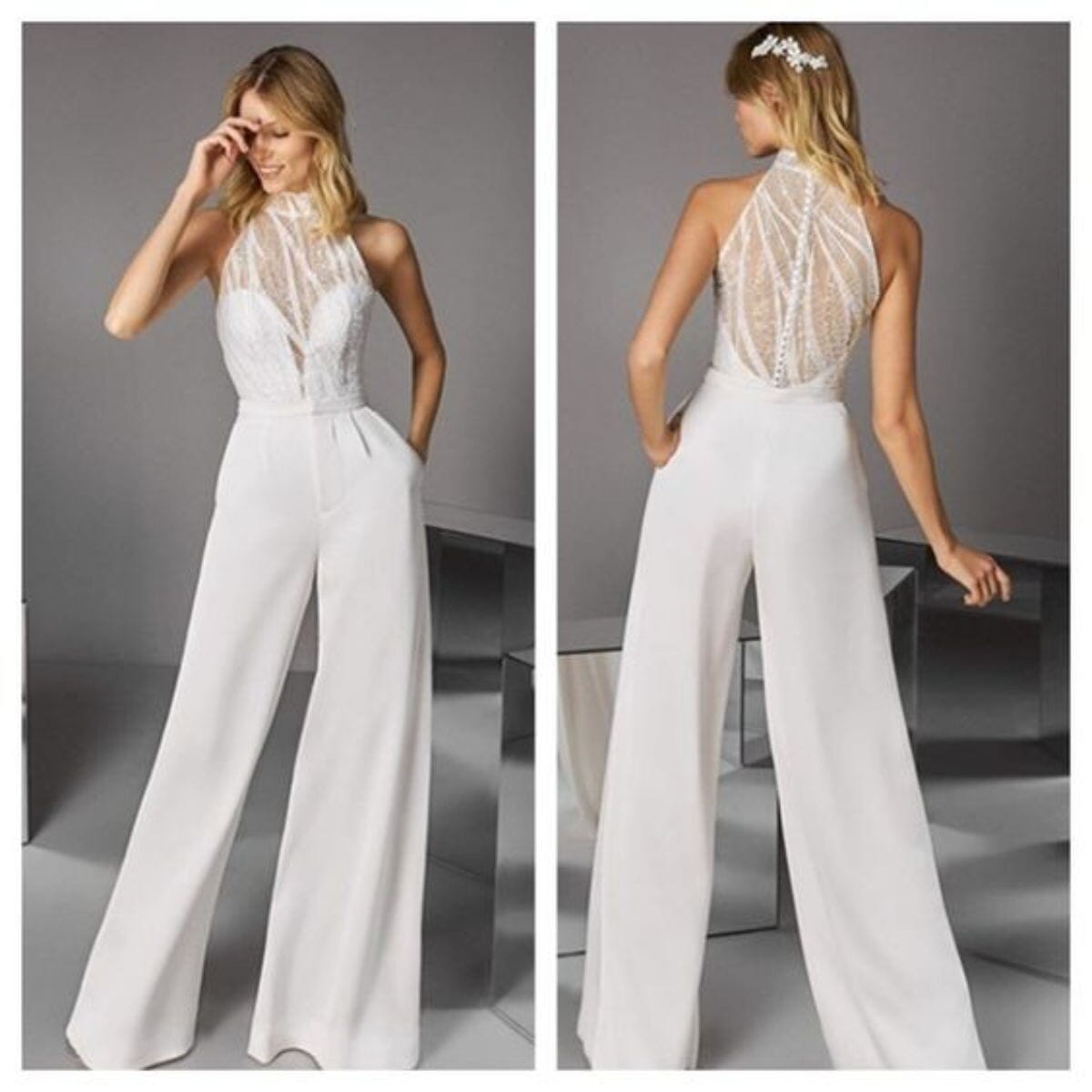 High Neck Sexy Illusion Sequins with Pants Jumpsuit Wedding Dress ...