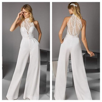 High Neck Sexy Illusion Sequins with Pants Jumpsuit Wedding Dress Classic Wedding Dresses BlissGown Ivory 2 
