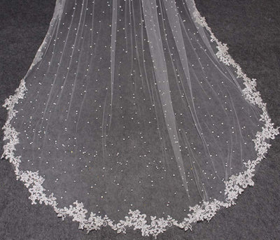 High Quality Pearls Wedding Veil with Lace Appliques Edge 2.5 Meters Long Bridal Veil with Comb Wedding Accessories BlissGown 