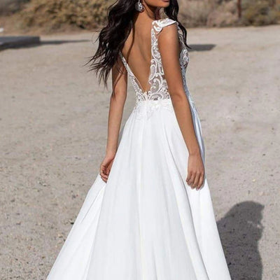High Split Side Backless Illusion O-Neck Beach Bridal Dress Beach Wedding Dresses BlissGown 