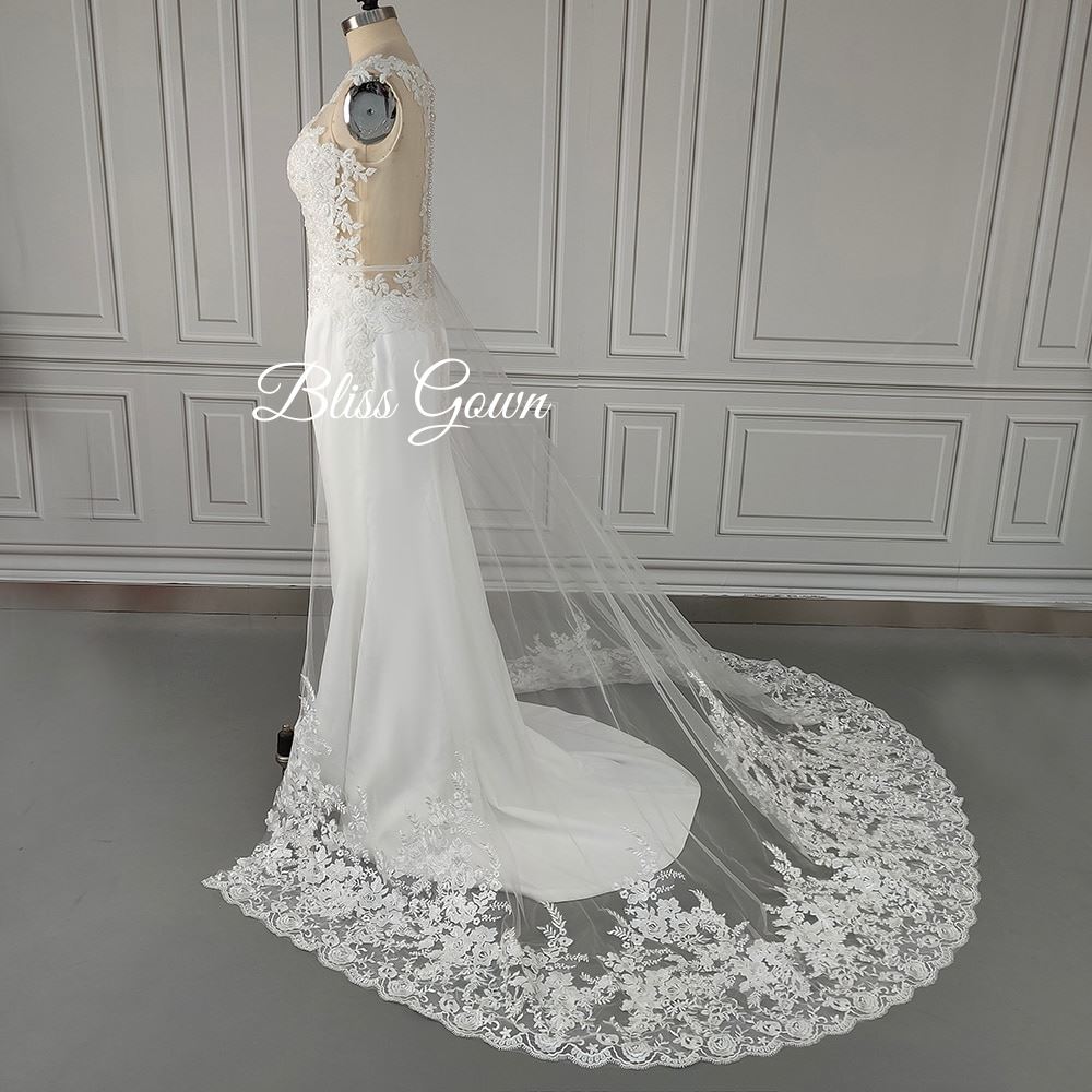 Illusion Back With Detachable Appliques Lace Train Wedding Dress Classic Wedding Dresses BlissGown 