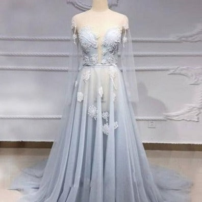 Illusion Blue Long Sleeves Lace Bead Formal Dress Evening & Formal Dresses BlissGown Same as picture 22W 