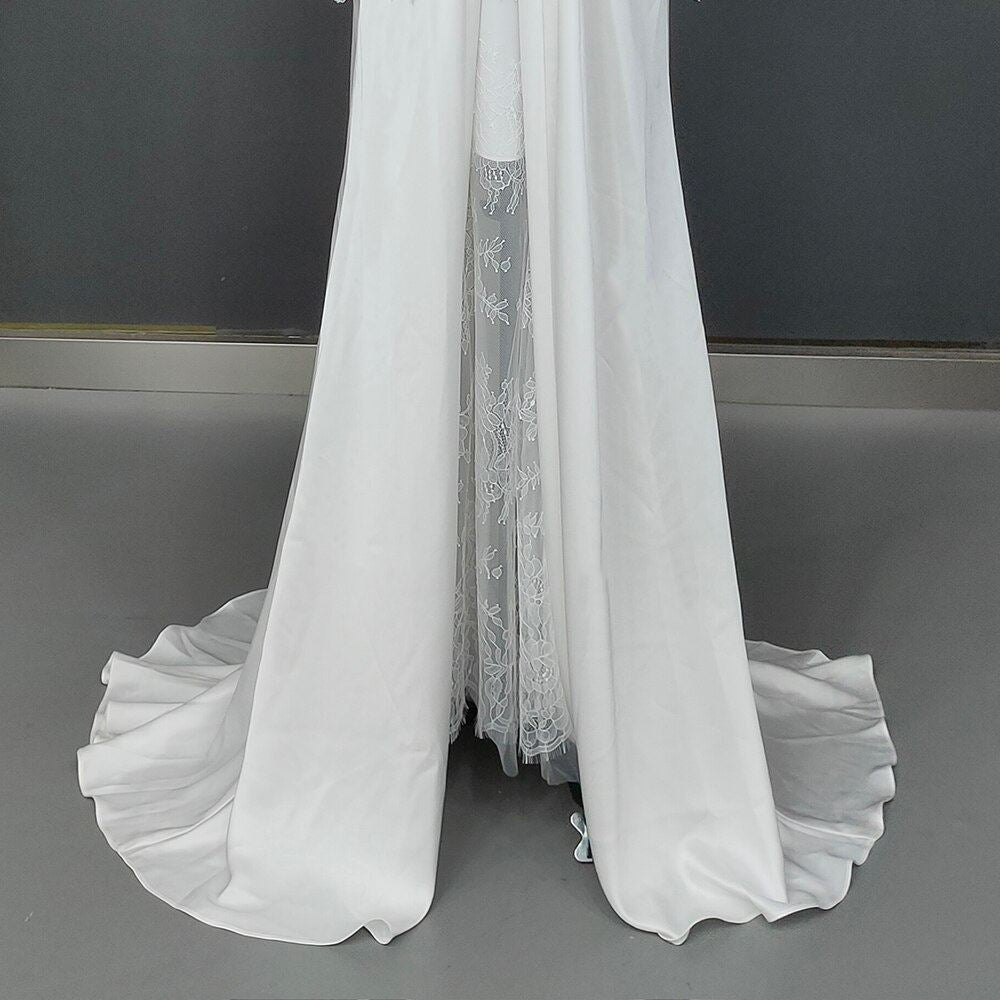 Illusion Tulle Off Shoulder Lace Satin High Slit Wedding Gown Classic Wedding Dresses BlissGown 