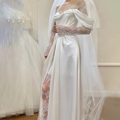 Illusion Tulle Off Shoulder Lace Satin High Slit Wedding Gown Classic Wedding Dresses BlissGown 