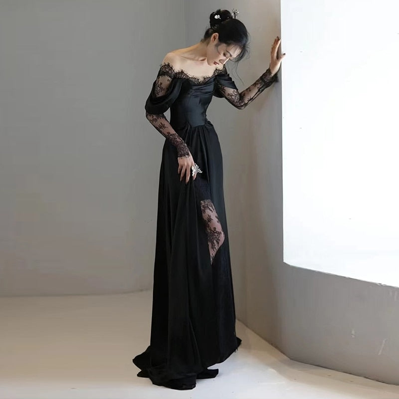 Illusion Tulle Off Shoulder Lace Satin High Slit Wedding Gown Classic Wedding Dresses BlissGown Black 2 US & Outside US