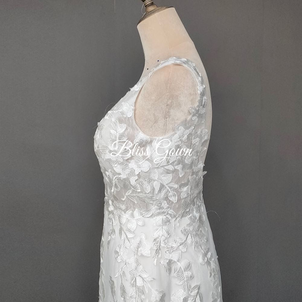 Illusion V-Neckline Lace Floral Mermaid Wedding Dress Boho Wedding Dresses BlissGown 