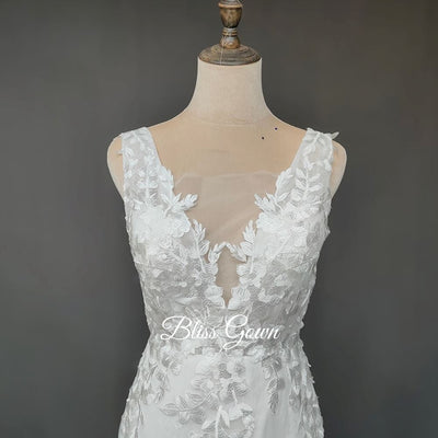 Illusion V-Neckline Lace Floral Mermaid Wedding Dress Boho Wedding Dresses BlissGown 