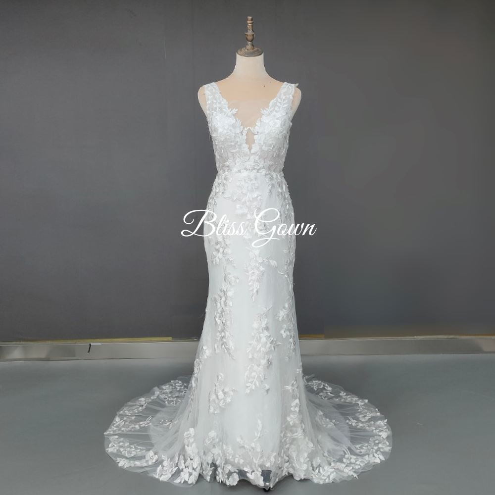 Illusion V-Neckline Lace Floral Mermaid Wedding Dress Boho Wedding Dresses BlissGown Off White 2 