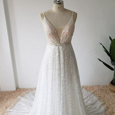 Illusory Sequined Shiny Spaghetti Straps Backless Wedding Dress Sexy Wedding Dresses BlissGown 