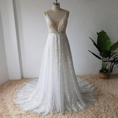 Illusory Sequined Shiny Spaghetti Straps Backless Wedding Dress Sexy Wedding Dresses BlissGown As Picture 2 