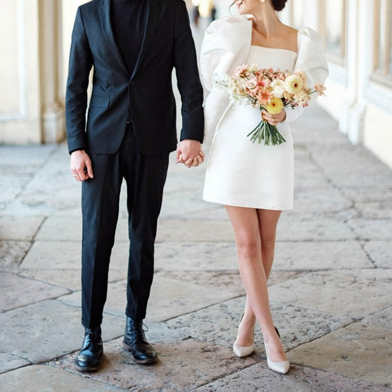 Ivory Long Bubble Sleeves Above Knee Mini Satin Classic Wedding Dress Classic Wedding Dresses BlissGown 