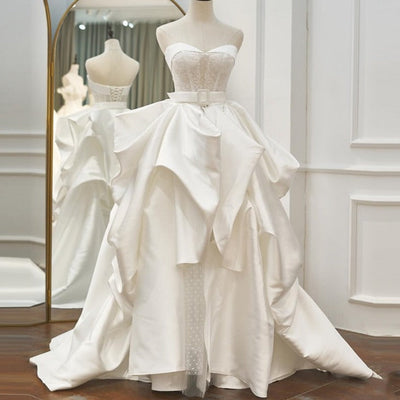 Ivory Open Back Strapless Detachable Sweep Train Bridal Dress