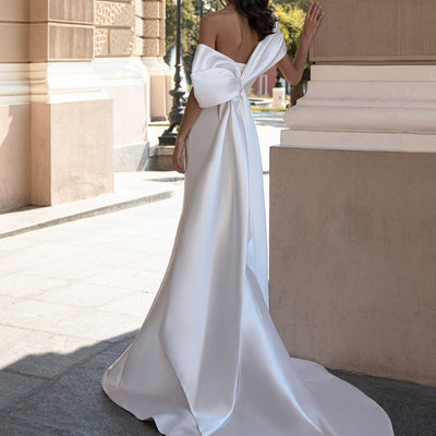 Ivory Satin Maxi Strapless with Bow Backless Bridal Gown Classic Wedding Dresses BlissGown 