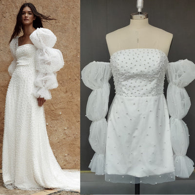 Ivory Square Neck Puff Sleeve Pearl Boho Princess Sweep Train Wedding Dress Classic Wedding Dresses BlissGown 