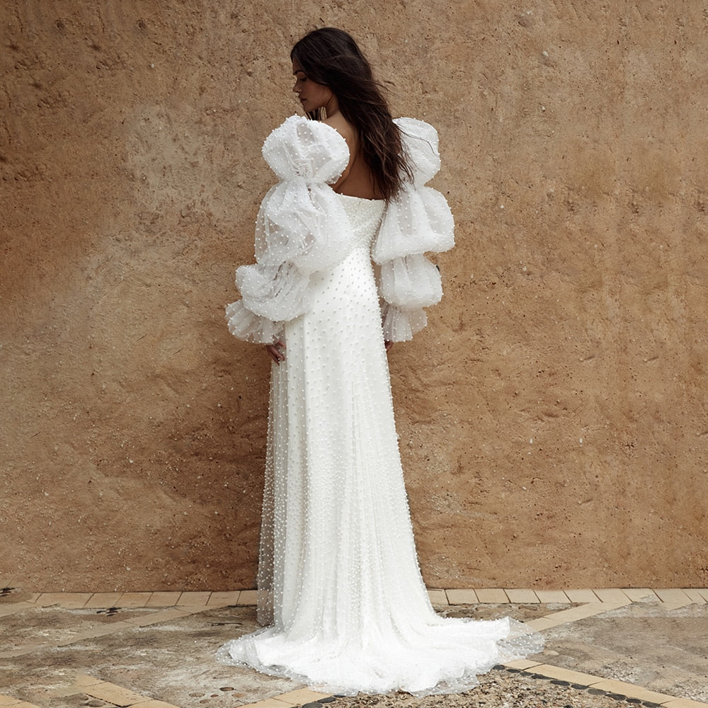 Ivory Square Neck Puff Sleeve Pearl Boho Princess Sweep Train Wedding Dress Classic Wedding Dresses BlissGown 