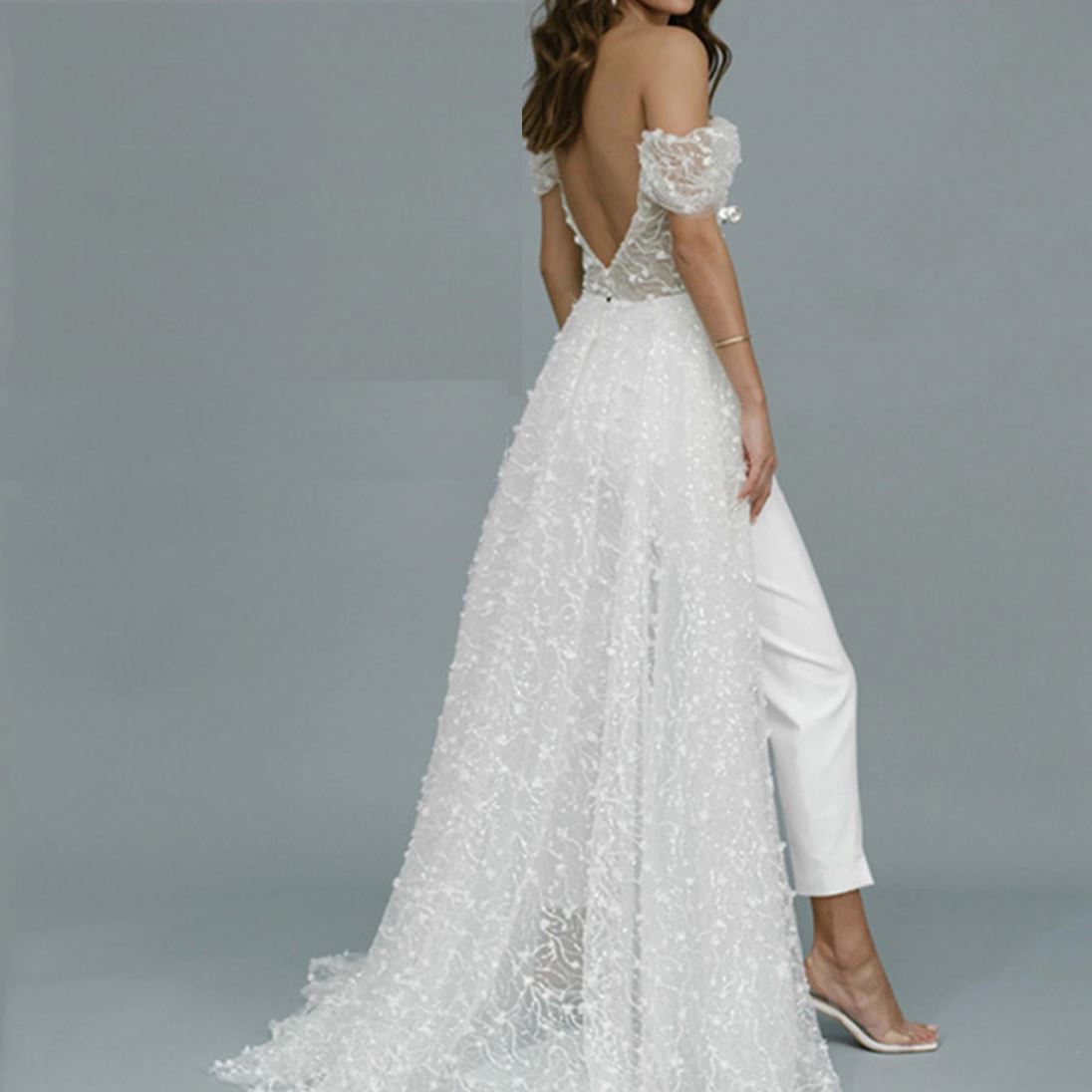 Jumpsuit with Long Train Lace 3D Appliqued Sequins Wedding Dress Classic Wedding Dresses BlissGown 