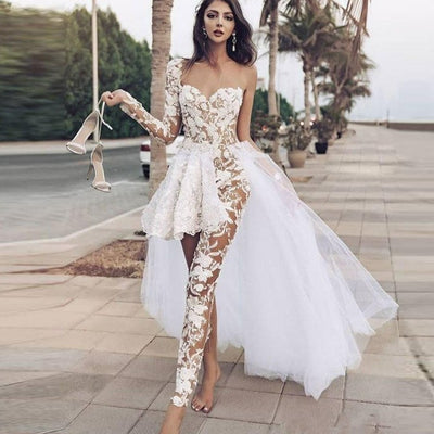 Jumpsuits Lace Overskirts With Pants See Through Wedding Dress Vintage Wedding Dresses BlissGown 