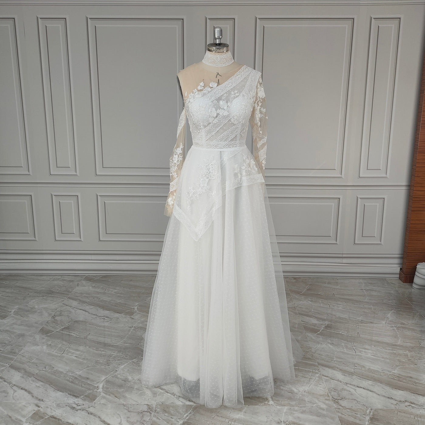 Lace Applique Long Sleeves A-Line Rustic Boho Wedding Dress Boho Wedding Dresses BlissGown 