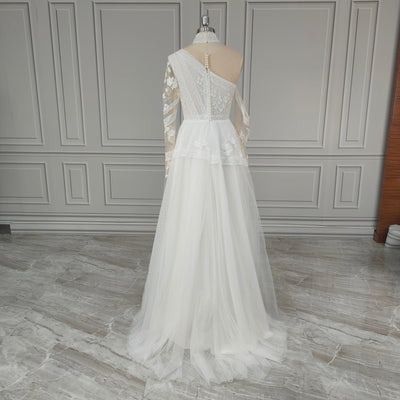 Lace Applique Long Sleeves A-Line Rustic Boho Wedding Dress Boho Wedding Dresses BlissGown 