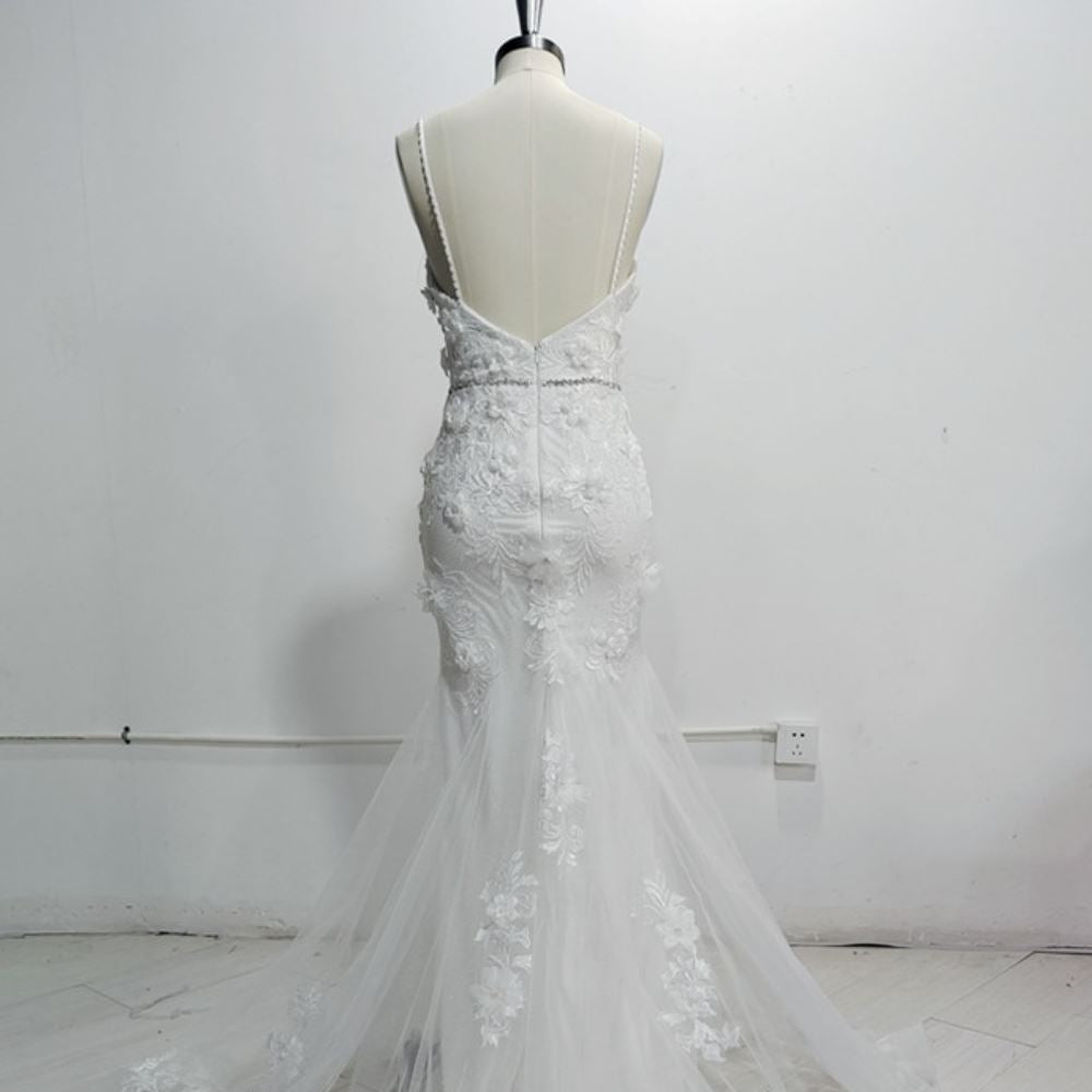 Lace Appliques V-neck 3D Flowers Backless Vintage Wedding Dresses Sexy Wedding Dresses BlissGown 
