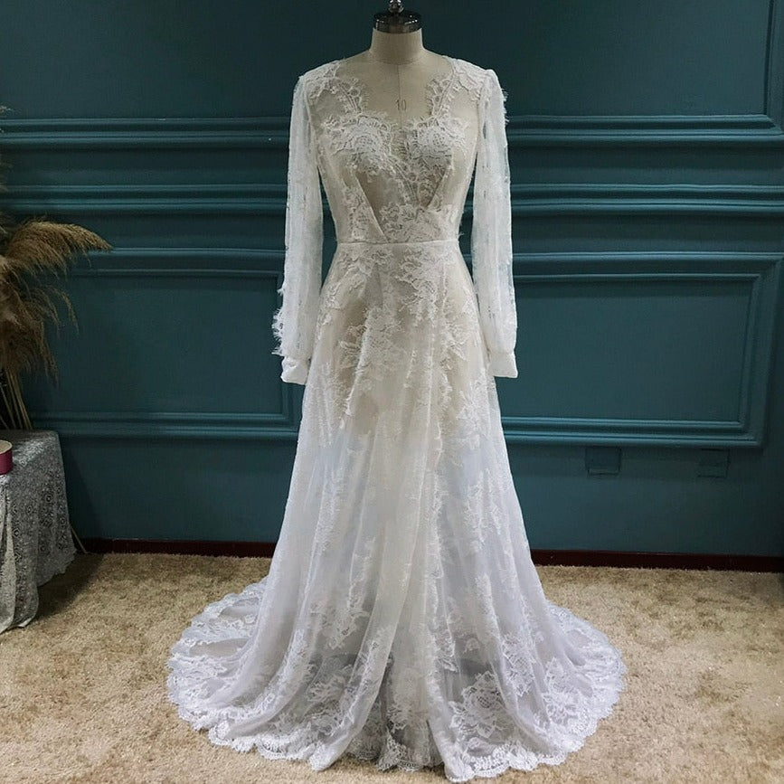 Lace Bohemian Stylish Open Back See-Through Wedding Dress Boho Wedding Dresses BlissGown 