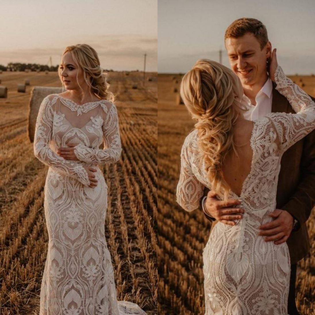 Lace Long Sleeve Mermaid Bohemian Backless Bridal Gown