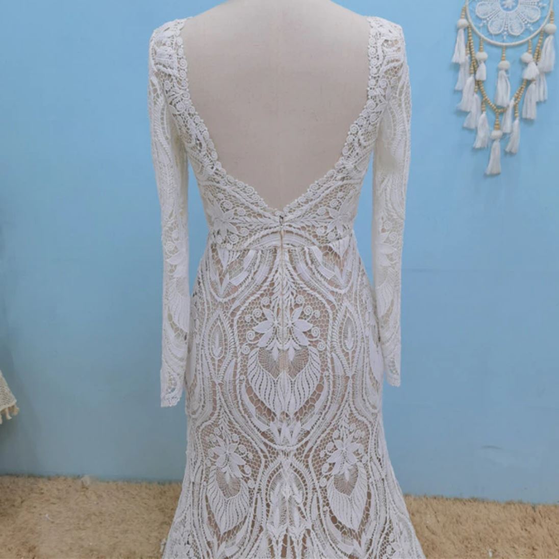 Lace Long Sleeve Mermaid Bohemia Backless Bridal Gown Boho Wedding Dresses BlissGown 