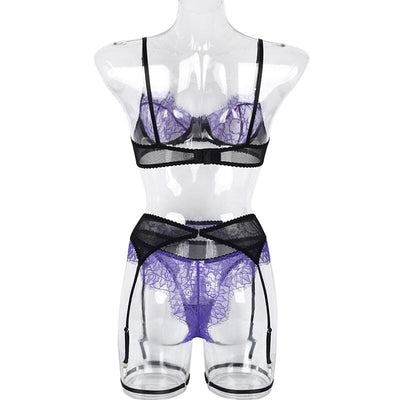 Lace Patchwork Transparent Bra 3-Piece Garters Lingerie Set Accessories BlissGown 